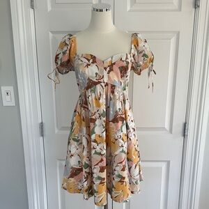 Abercrombie Yellow Tan Camo Print Baby Doll Puff Sleeve Sweetheart Dress Size MT